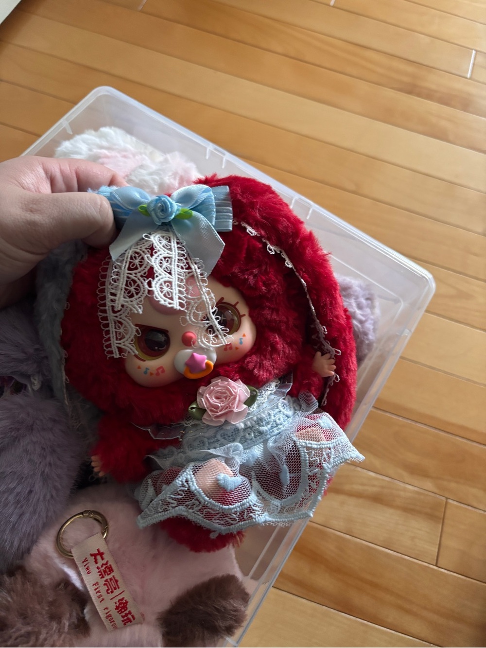 Red Plush Doll with Lace Dress and Blue Bow - Kids Toys